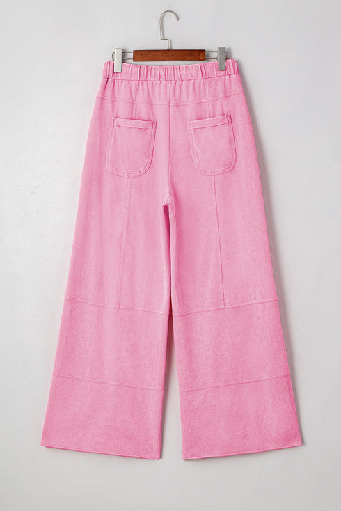 High Waist Mineral Wash Exposed Seam Drawstring Wide Leg Pants